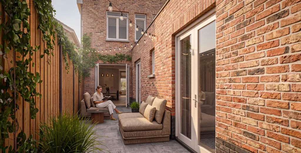 Patio van Le Jardin met loungebanken en groene wand